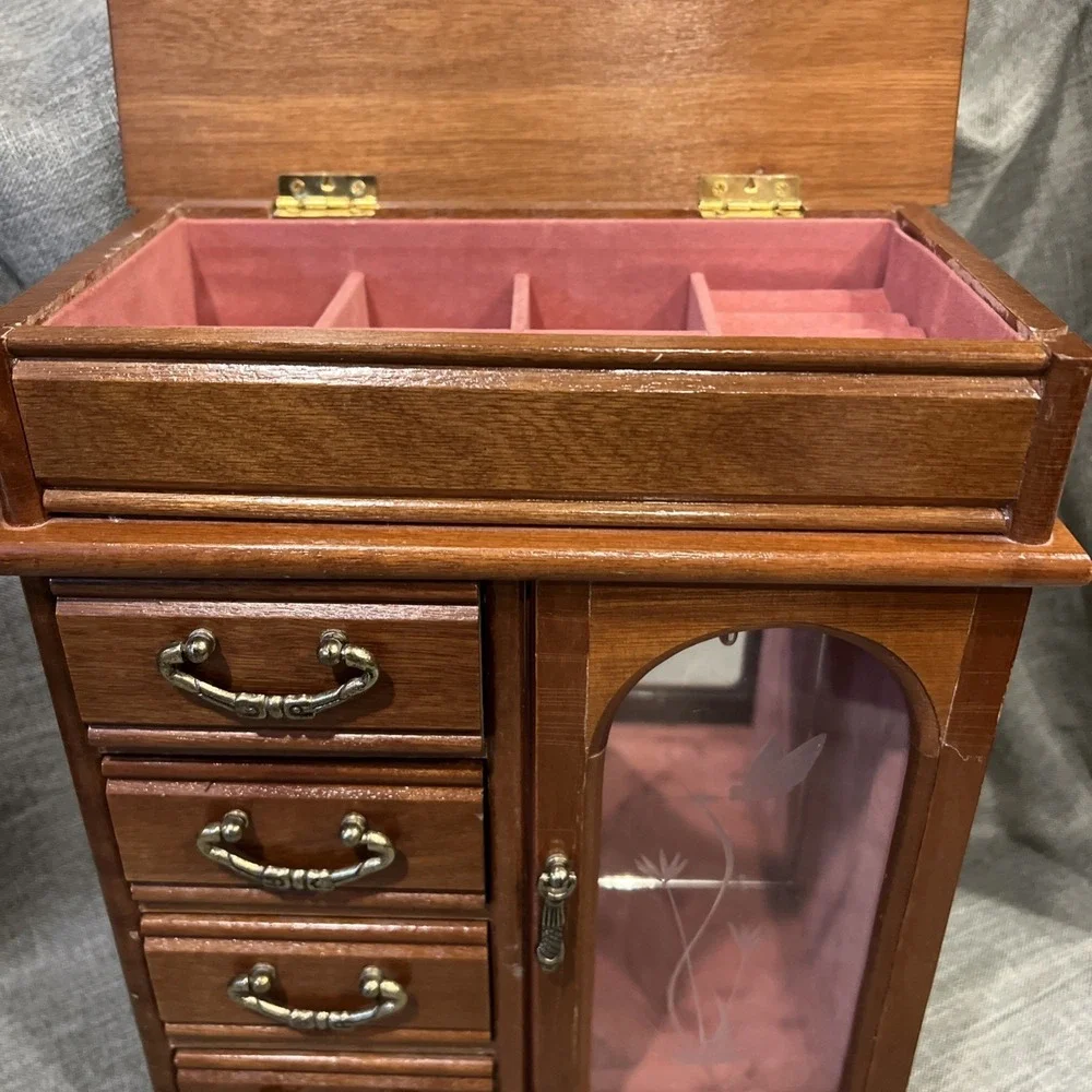 Vtg‎ 1987 Wooden Jewelry Box Cabinet 4 Drawers Etched Glass Lift Top Organizer